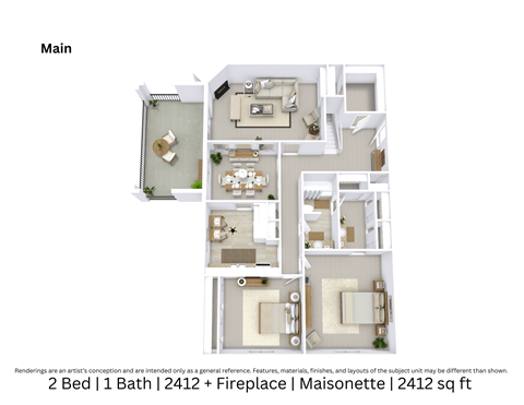 3D floor plan providing an angled perspective of a two-bedroom, one-bath Maisonette featuring a fireplace, furniture layout, and open space across 2,412 Sq. Ft.